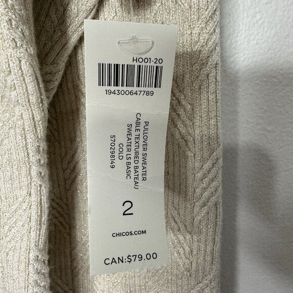 Chicos Pullover Sweater Cable Textured Bateau Metallic Gold Beige 2 Large - Picture 5 of 11
